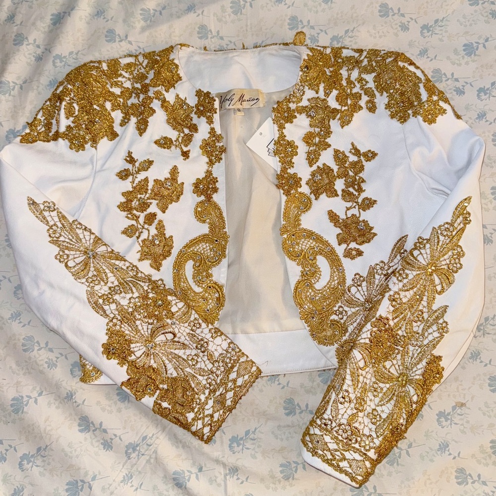 White and Gold Embroidered leather Jacket